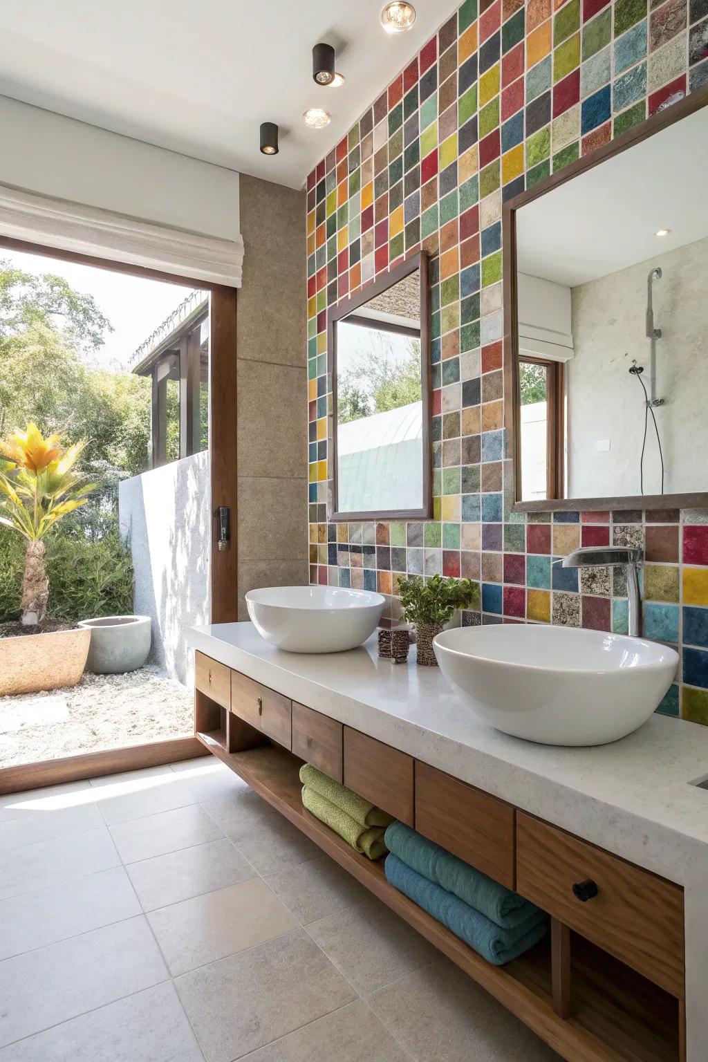 Mosaic walls serve as captivating focal points in bathrooms.