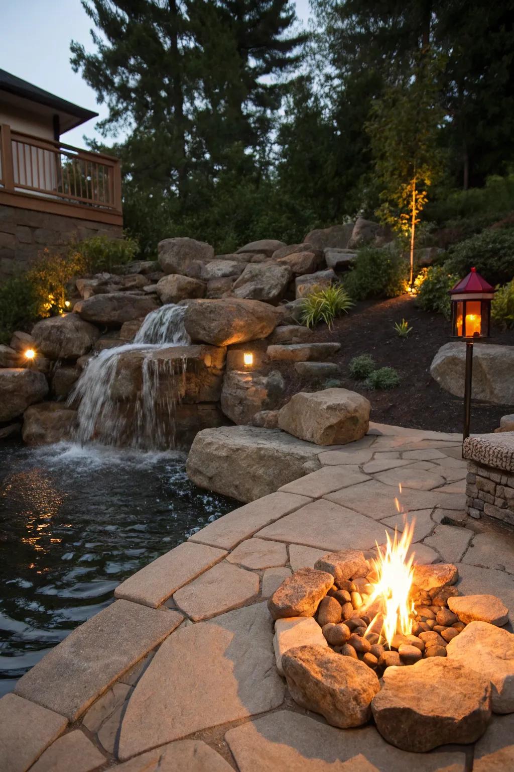 A rocky waterfall with a fire pit creates a warm and inviting atmosphere.