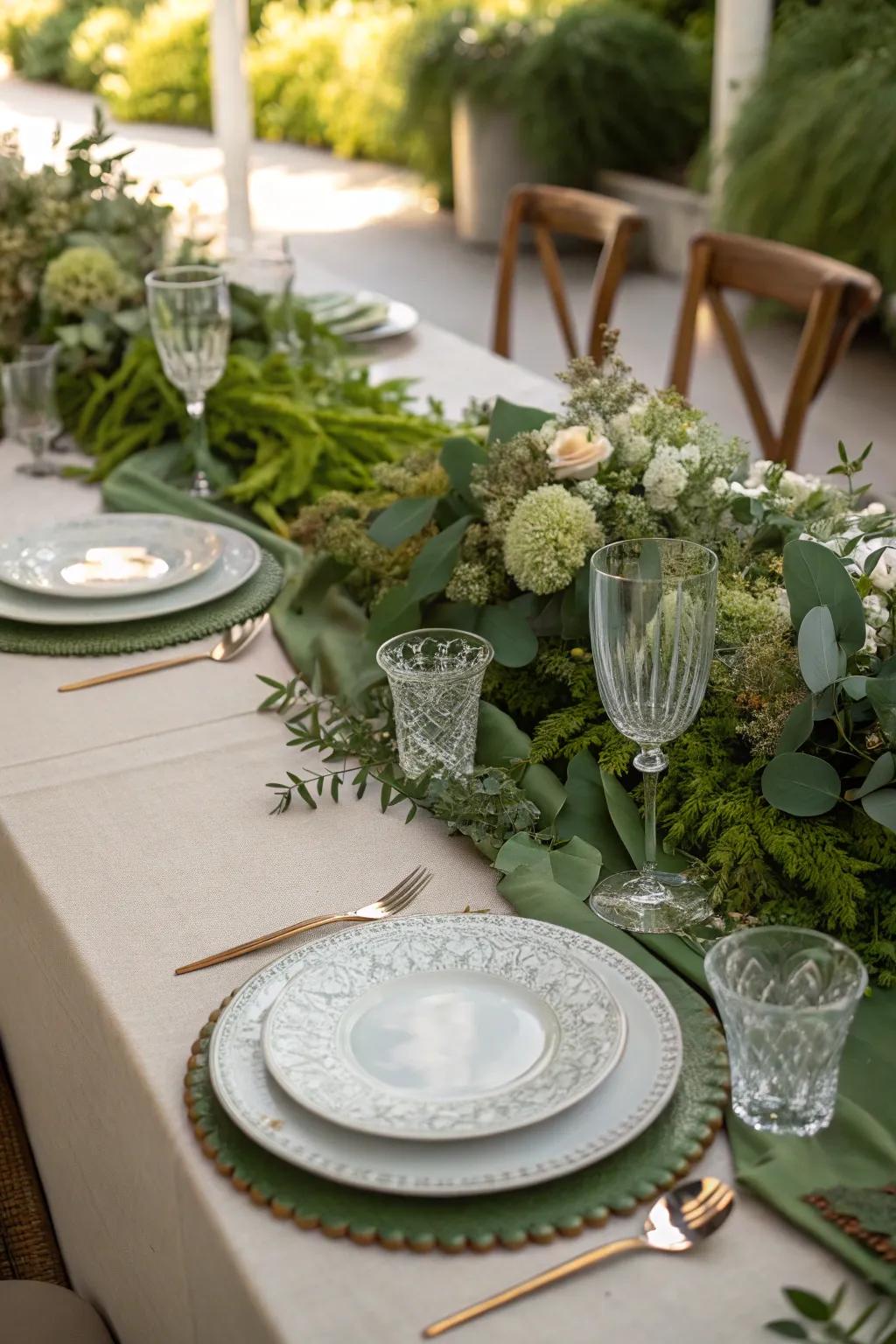 A revitalizing verdant runner graces the wedding table.