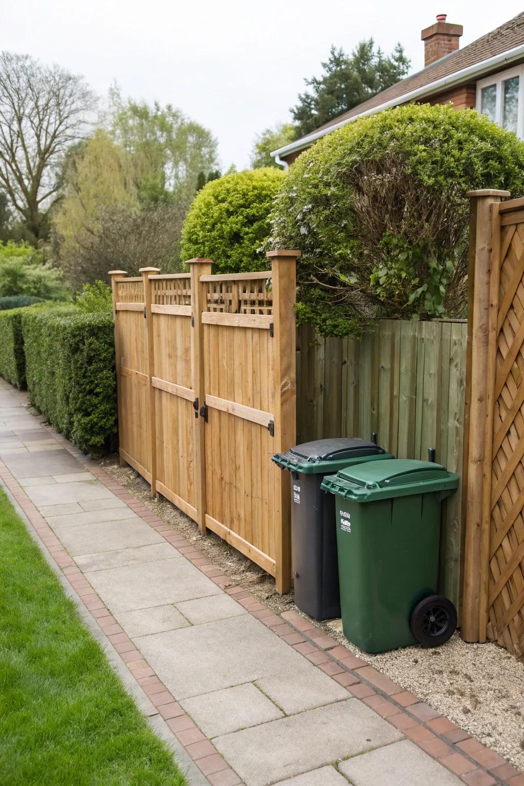Disguise your bins using hinged fence panels.