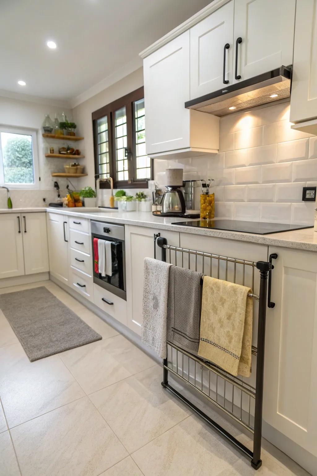 Put in retracting racks beneath the counter for hidden and handy towel storage.