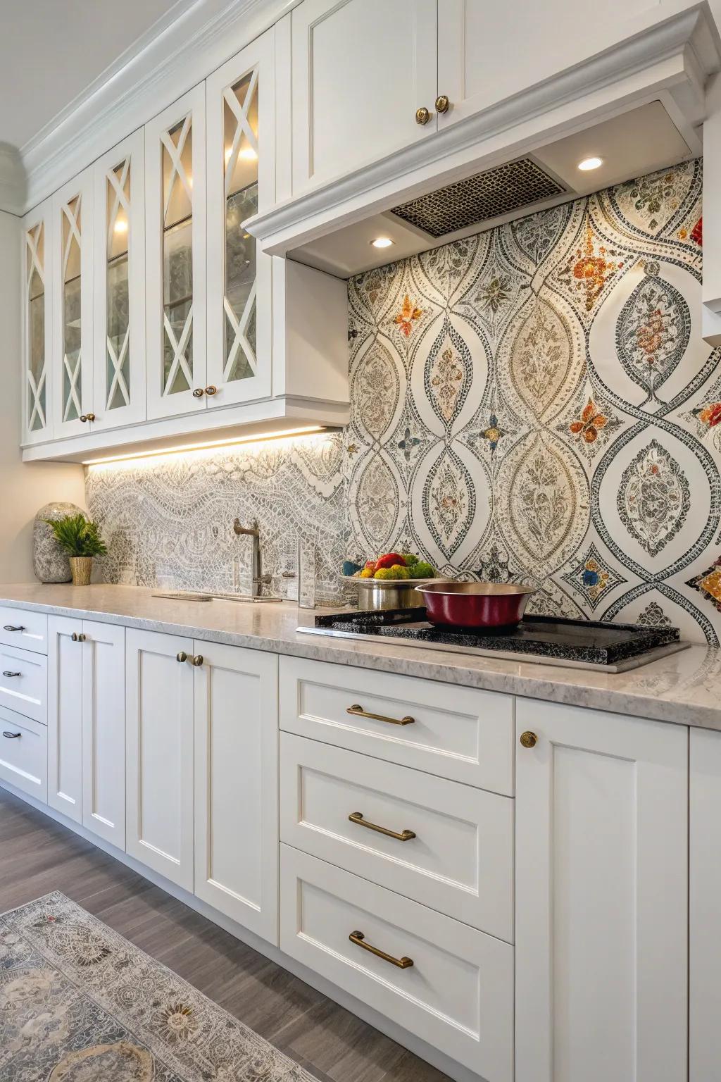 Intricate tiles delivering an artistic flair to kitchens with white cabinets.
