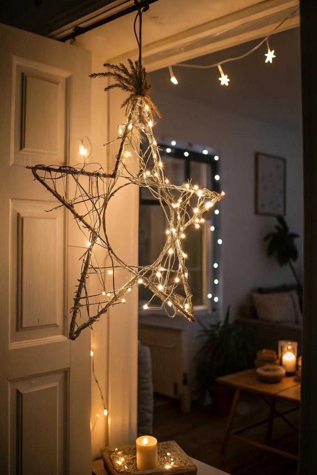 A whimsical fairy light star wreath for enchanting evenings.