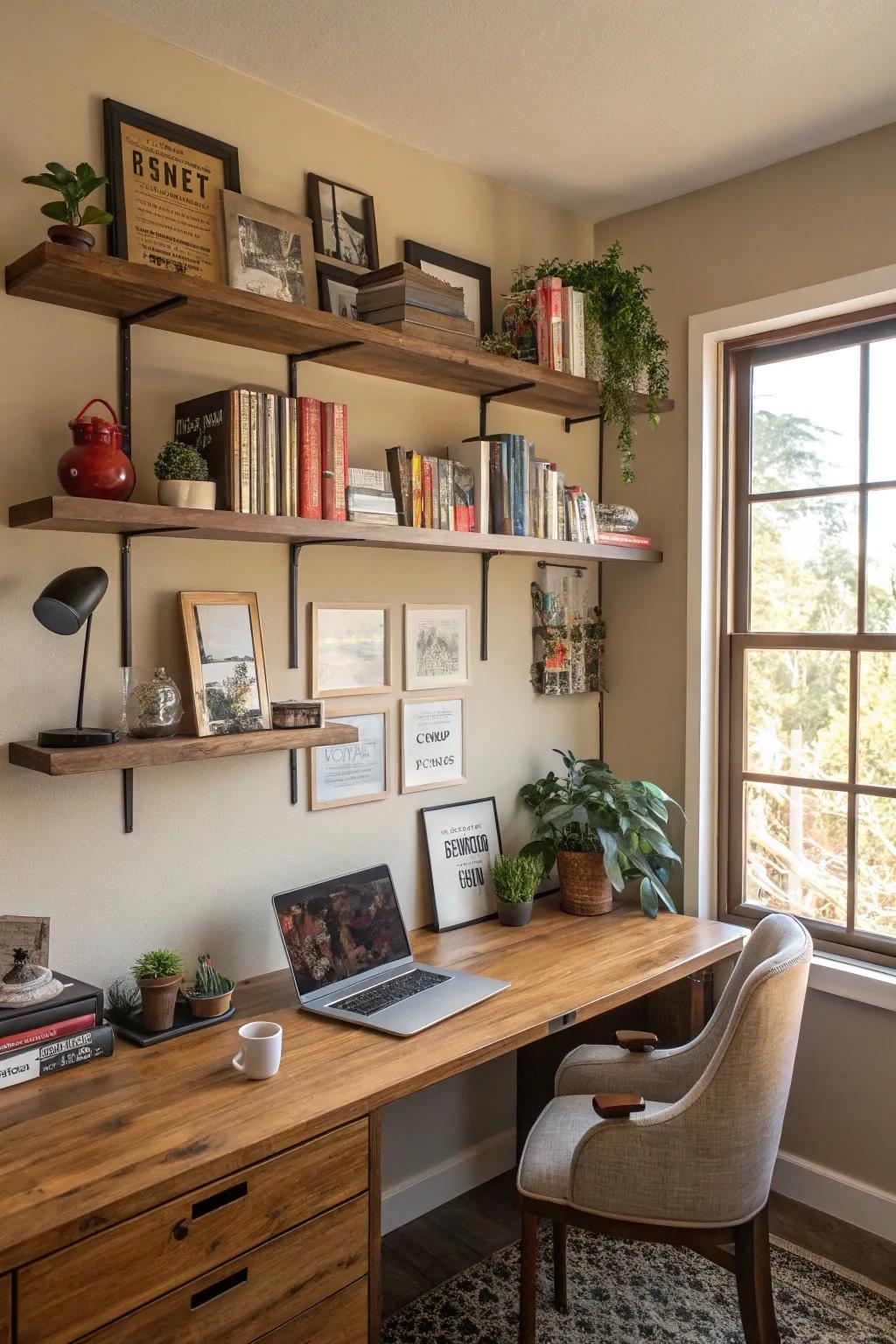 Wall storage helps keep your desk clear.