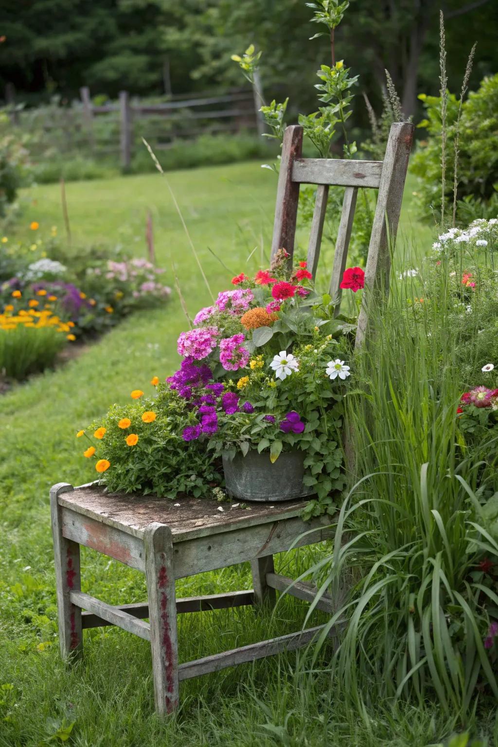 Vintage chair planters offer a whimsical touch to this garden.