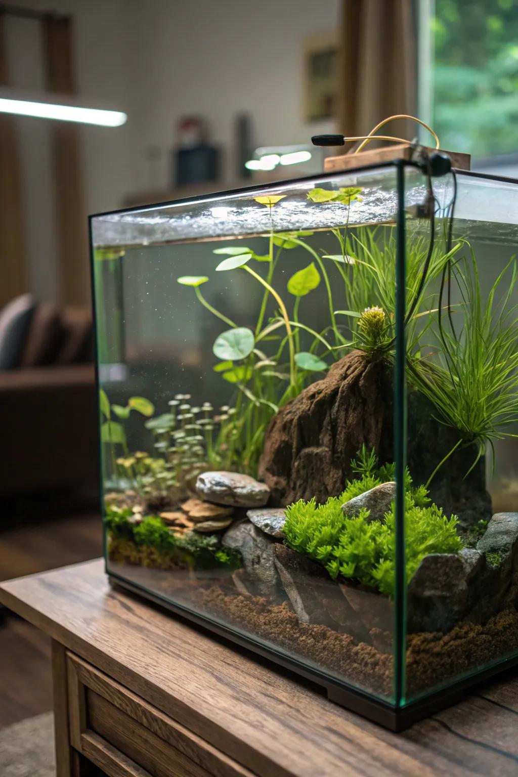 Floating plants add a peaceful touch to the water surface.